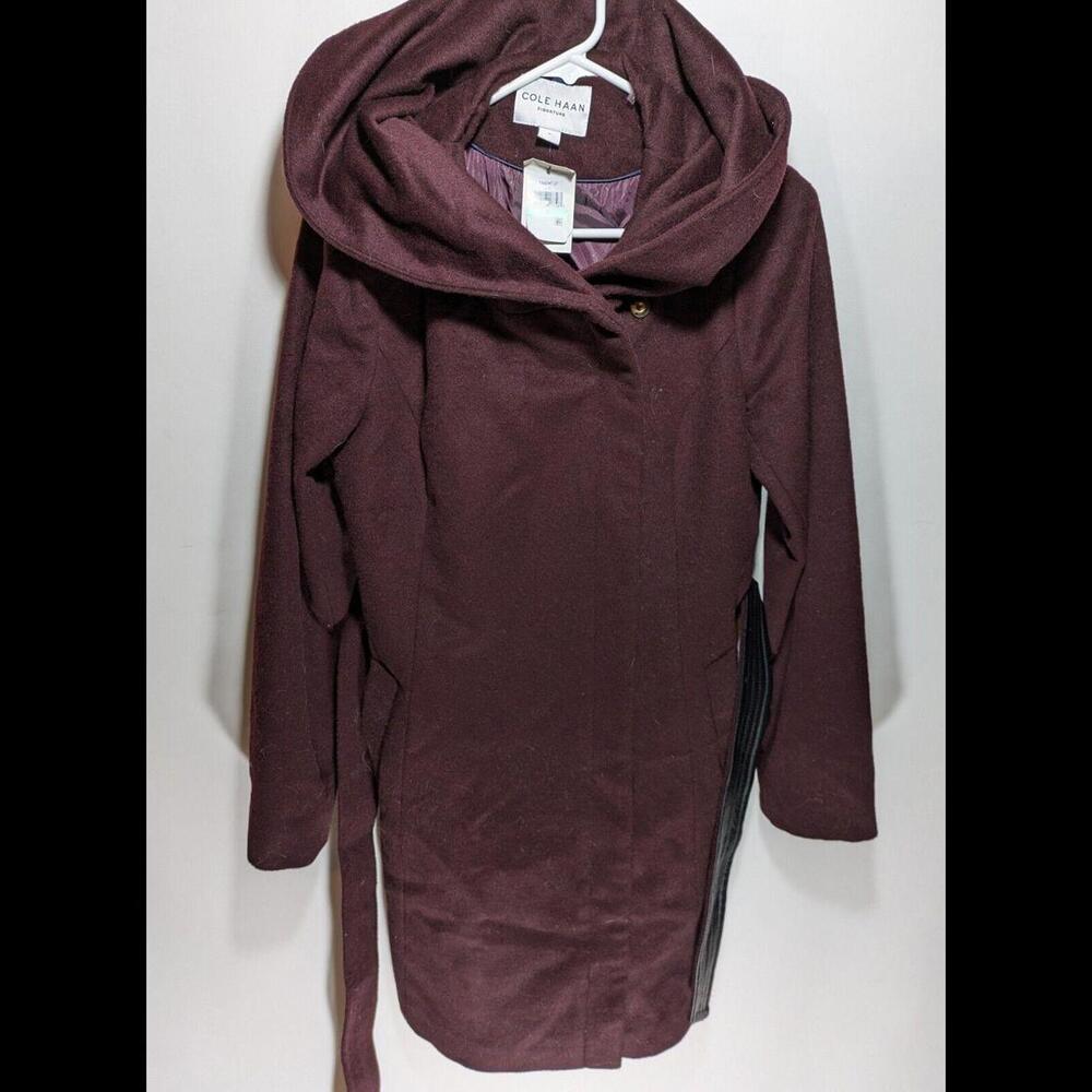 NWT Womens Cole Haan Belted Asymmetrical Maroon Wool Coat Jacket Size 8 MSRP$350